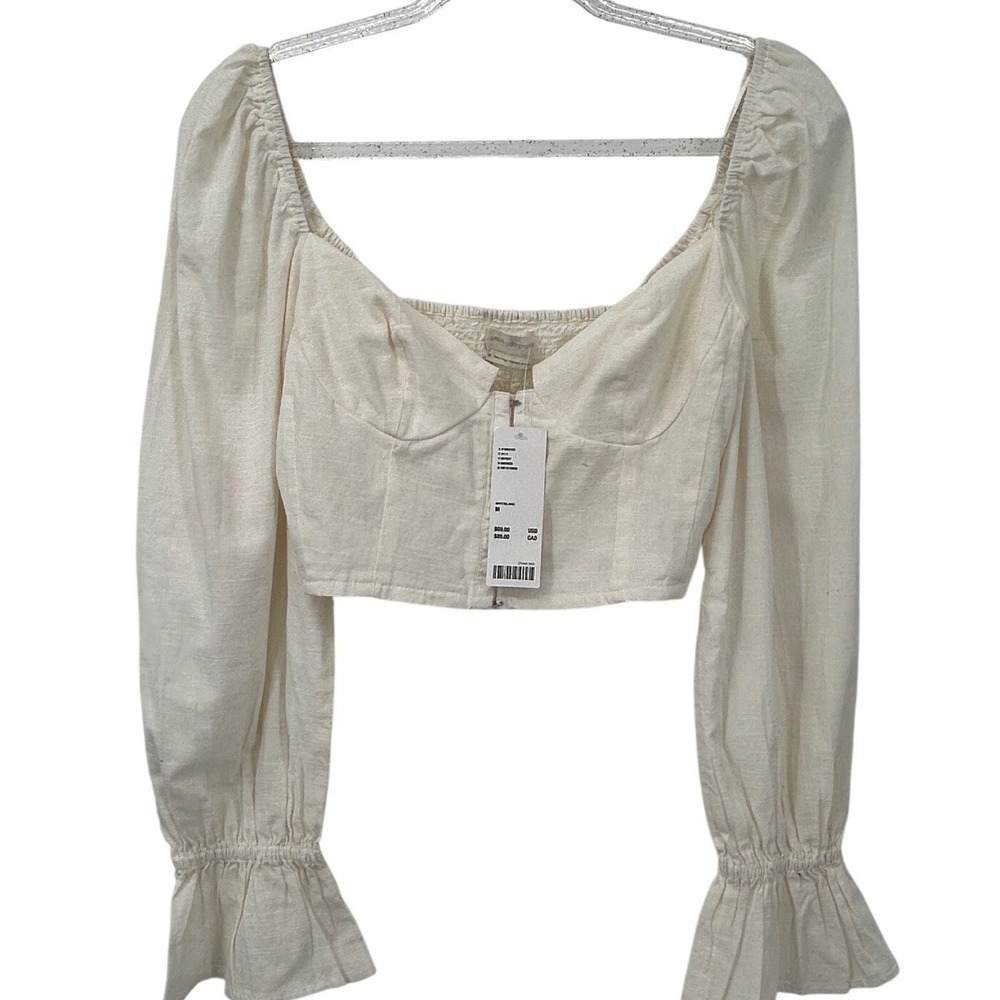 Urban Outfitters White Linen Milkmaid‎ Bustier Crop Top Puff Sleeve Cream Medium